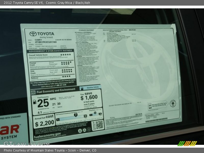 Cosmic Gray Mica / Black/Ash 2012 Toyota Camry SE V6