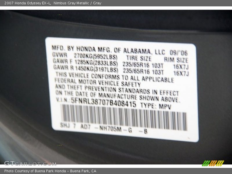 Nimbus Gray Metallic / Gray 2007 Honda Odyssey EX-L