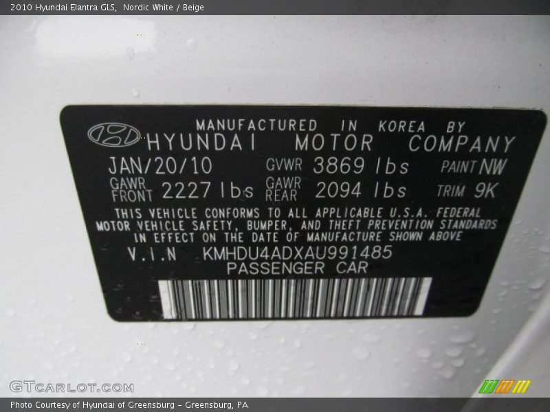 Nordic White / Beige 2010 Hyundai Elantra GLS