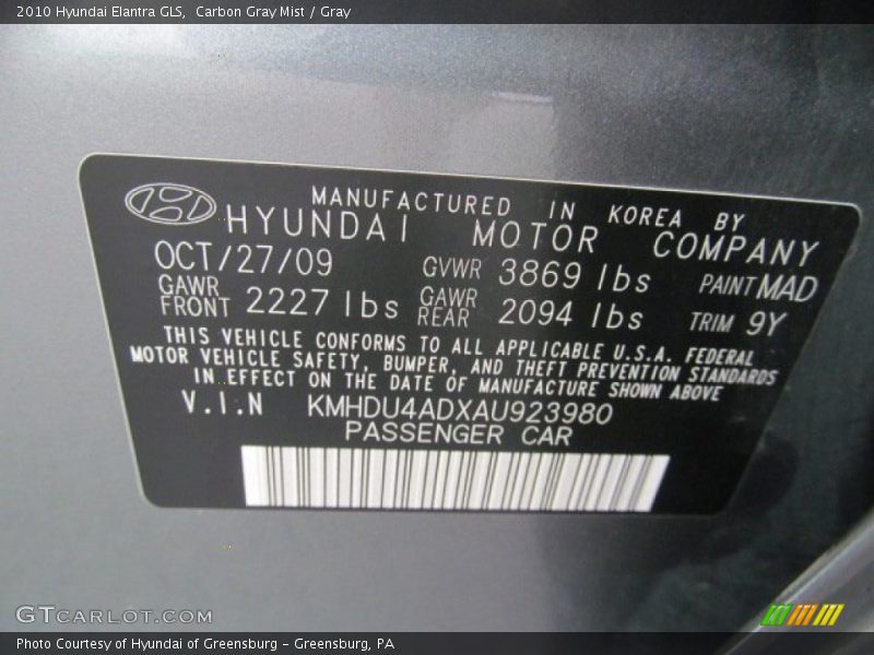Carbon Gray Mist / Gray 2010 Hyundai Elantra GLS