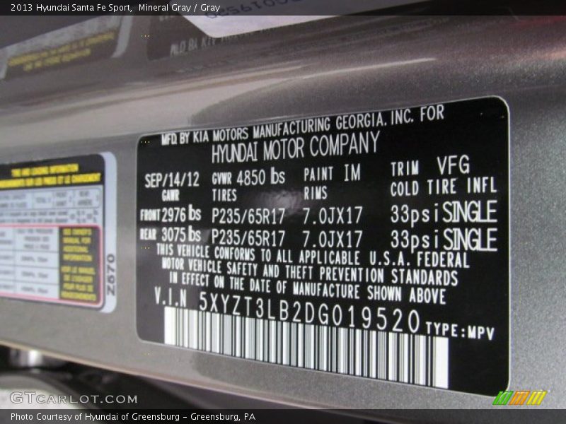 2013 Santa Fe Sport Mineral Gray Color Code IM