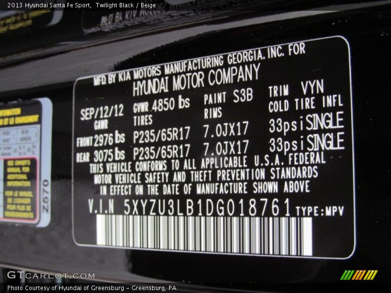 2013 Santa Fe Sport Twilight Black Color Code S3B