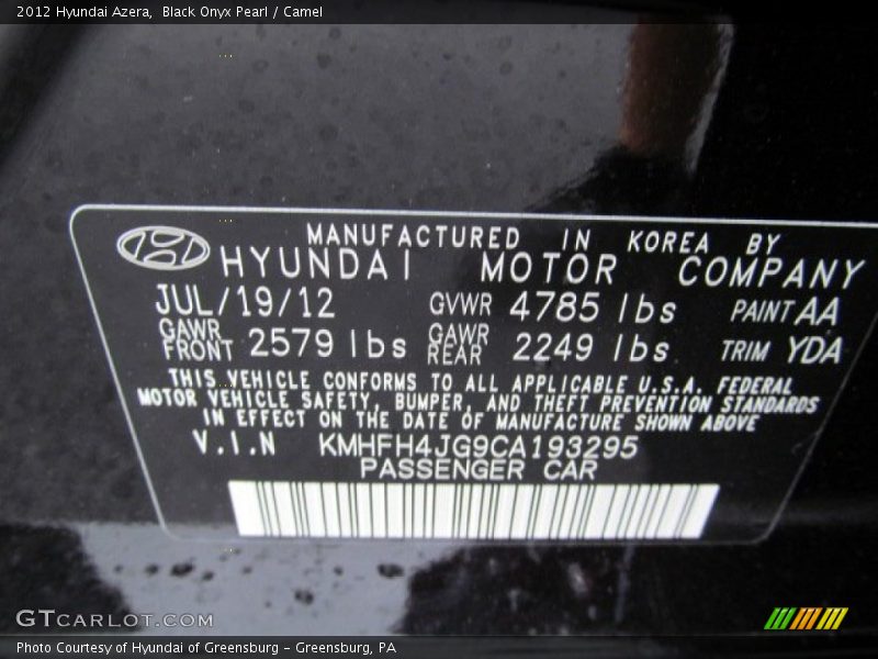 Black Onyx Pearl / Camel 2012 Hyundai Azera