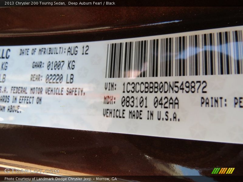 Deep Auburn Pearl / Black 2013 Chrysler 200 Touring Sedan