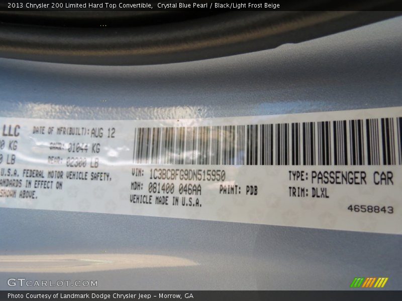 2013 200 Limited Hard Top Convertible Crystal Blue Pearl Color Code PDB