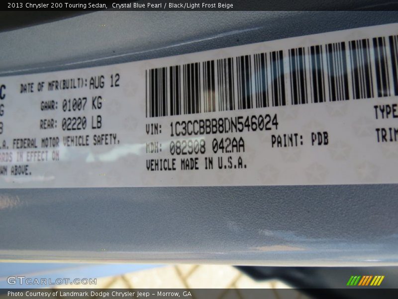 2013 200 Touring Sedan Crystal Blue Pearl Color Code PDB
