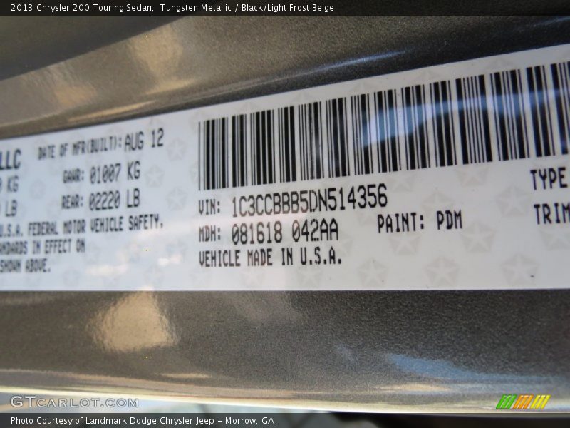 Tungsten Metallic / Black/Light Frost Beige 2013 Chrysler 200 Touring Sedan