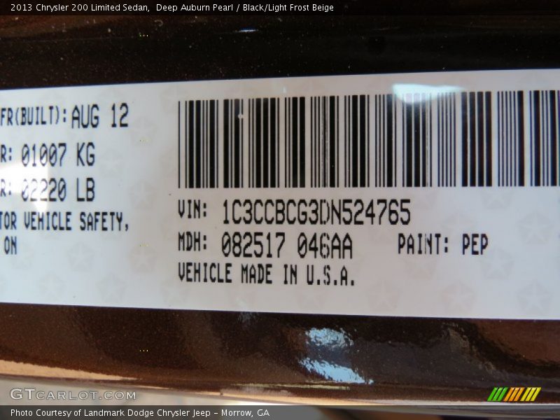 Deep Auburn Pearl / Black/Light Frost Beige 2013 Chrysler 200 Limited Sedan