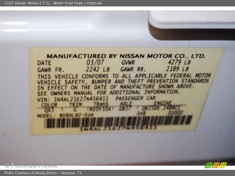 Winter Frost Pearl / Charcoal 2007 Nissan Altima 2.5 SL