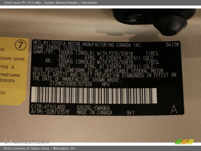 Golden Almond Metallic / Parchment 2009 Lexus RX 350 AWD