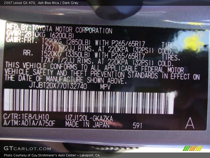 Ash Blue Mica / Dark Gray 2007 Lexus GX 470