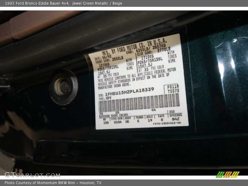 1993 Bronco Eddie Bauer 4x4 Jewel Green Metallic Color Code PB