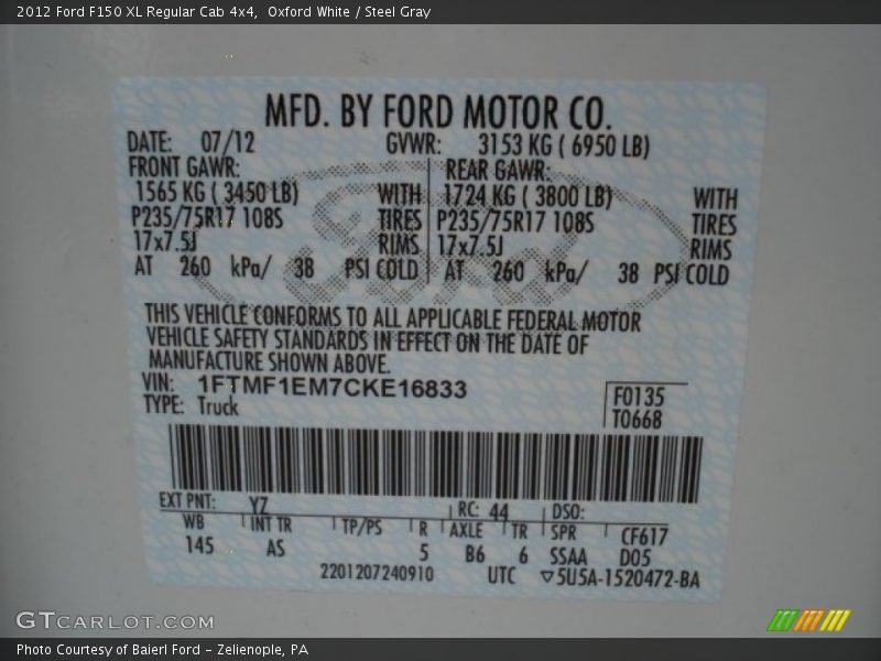 2012 F150 XL Regular Cab 4x4 Oxford White Color Code YZ