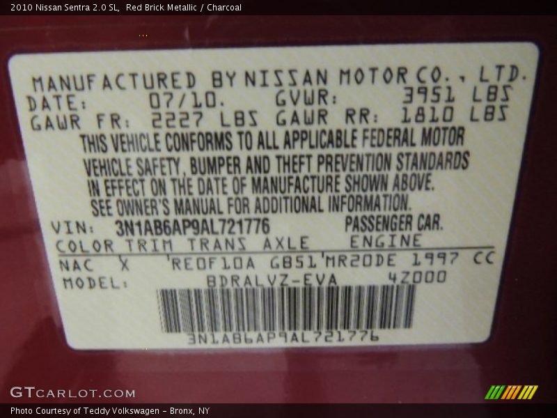 Red Brick Metallic / Charcoal 2010 Nissan Sentra 2.0 SL