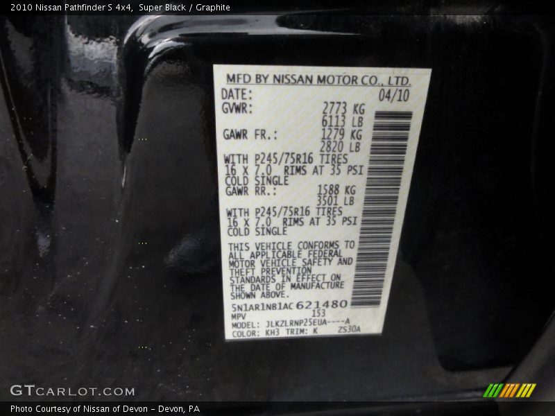 2010 Pathfinder S 4x4 Super Black Color Code KH3