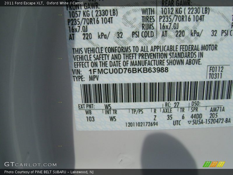 Oxford White / Camel 2011 Ford Escape XLT