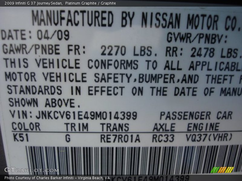 Platinum Graphite / Graphite 2009 Infiniti G 37 Journey Sedan