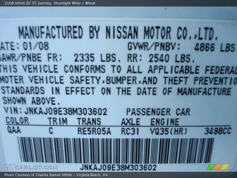 Moonlight White / Wheat 2008 Infiniti EX 35 Journey