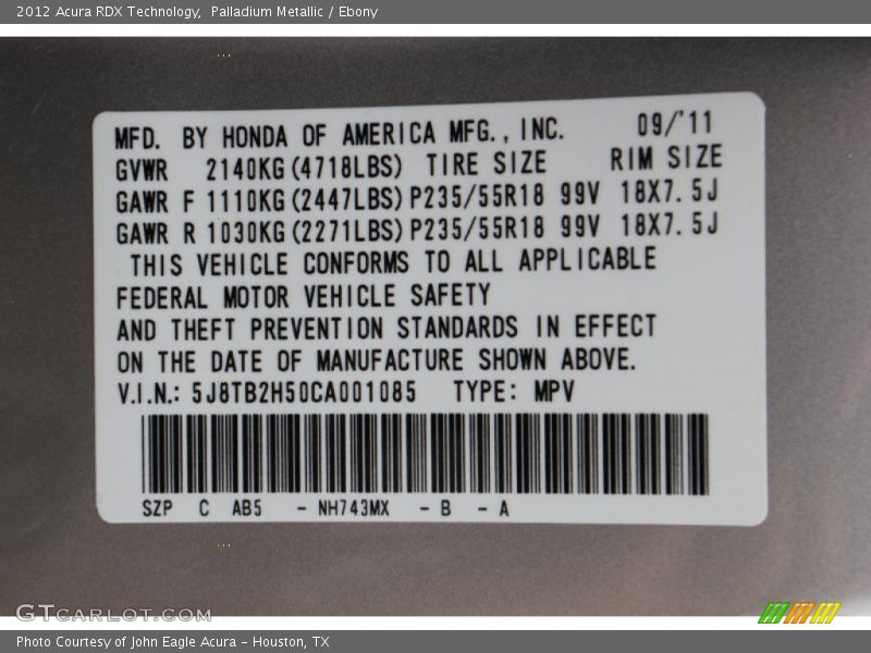 2012 RDX Technology Palladium Metallic Color Code NH743MX