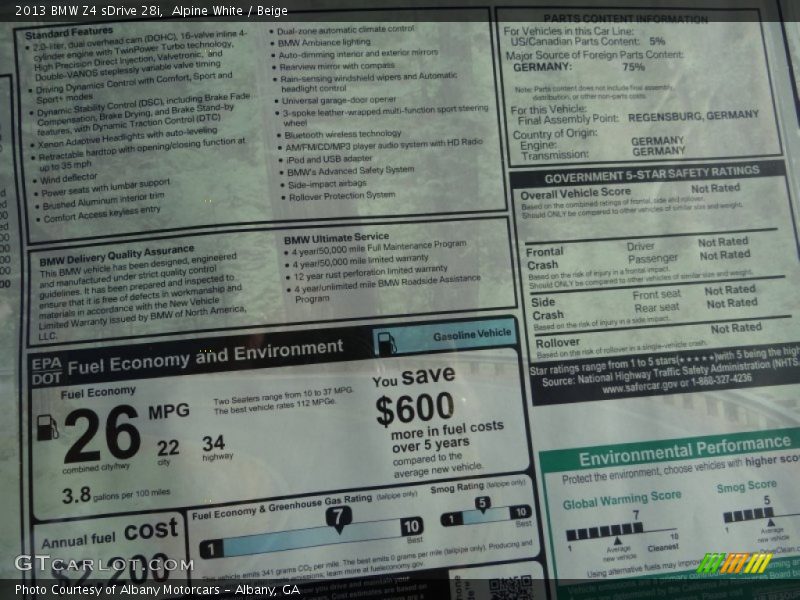  2013 Z4 sDrive 28i Window Sticker