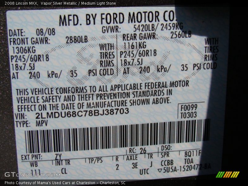 Vapor Silver Metallic / Medium Light Stone 2008 Lincoln MKX