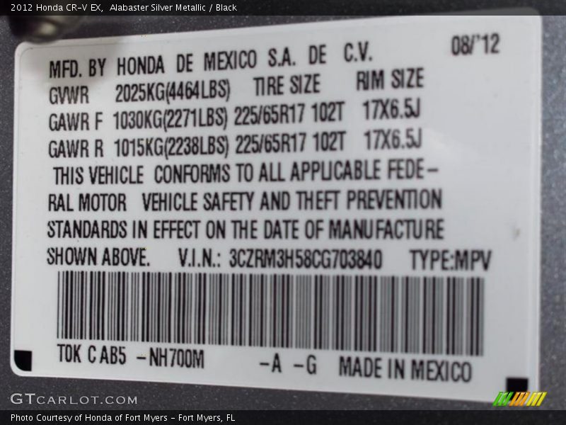 2012 CR-V EX Alabaster Silver Metallic Color Code NH700M