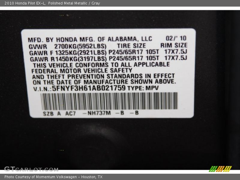 Polished Metal Metallic / Gray 2010 Honda Pilot EX-L