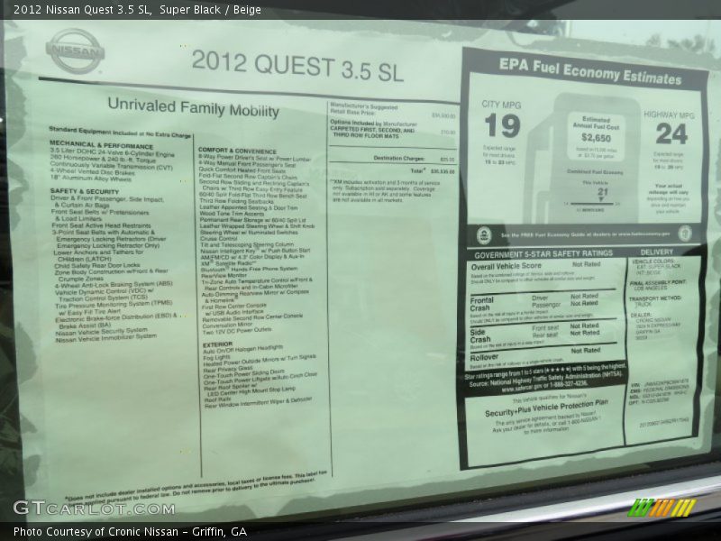  2012 Quest 3.5 SL Window Sticker