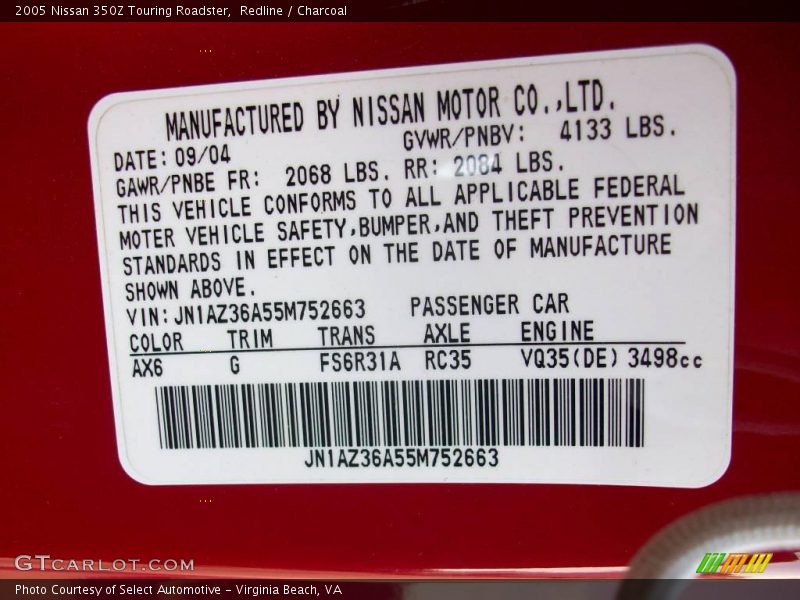 Redline / Charcoal 2005 Nissan 350Z Touring Roadster