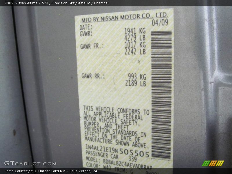 Precision Gray Metallic / Charcoal 2009 Nissan Altima 2.5 SL