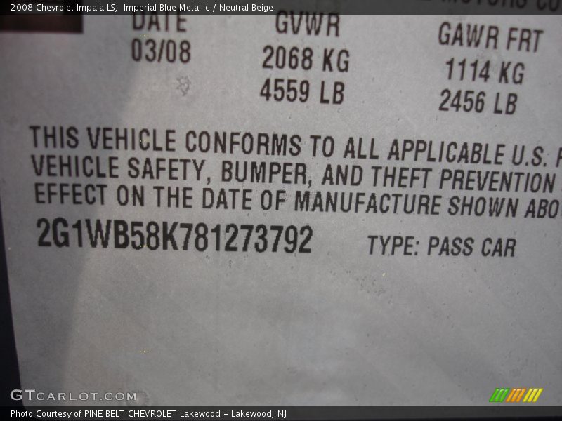 Imperial Blue Metallic / Neutral Beige 2008 Chevrolet Impala LS