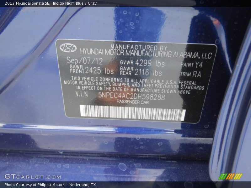 2013 Sonata SE Indigo Night Blue Color Code Y4