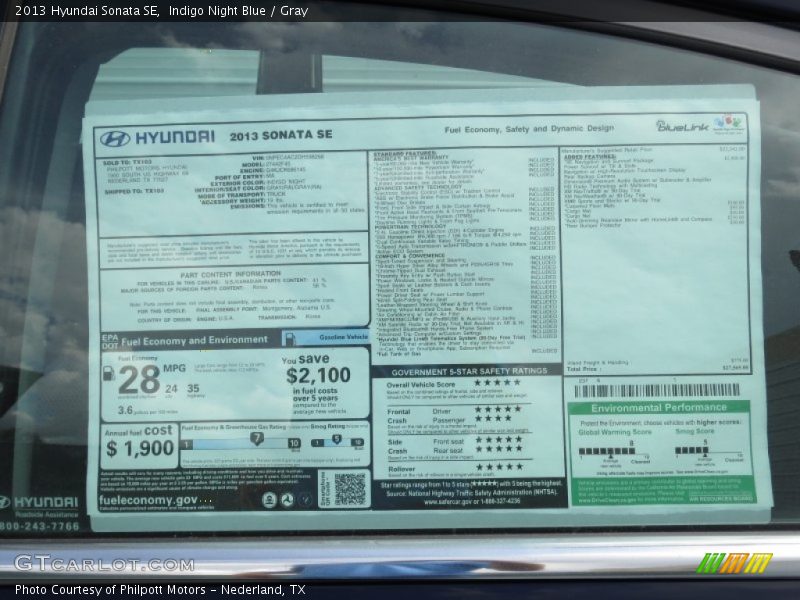  2013 Sonata SE Window Sticker