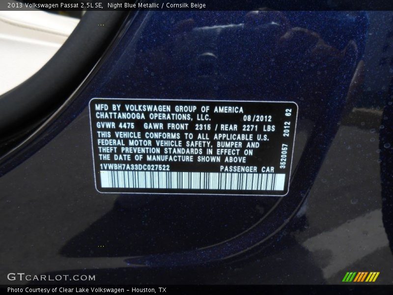Night Blue Metallic / Cornsilk Beige 2013 Volkswagen Passat 2.5L SE