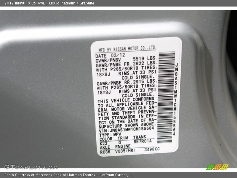 Liquid Platinum / Graphite 2012 Infiniti FX 35 AWD