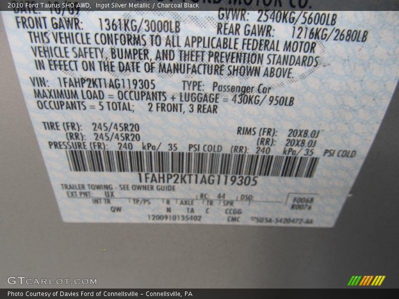 Ingot Silver Metallic / Charcoal Black 2010 Ford Taurus SHO AWD
