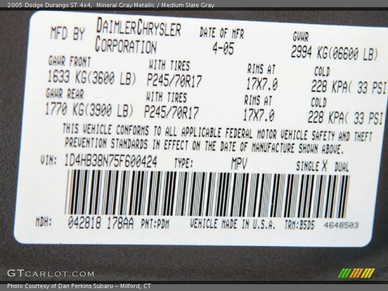 2005 Durango ST 4x4 Mineral Gray Metallic Color Code PDM