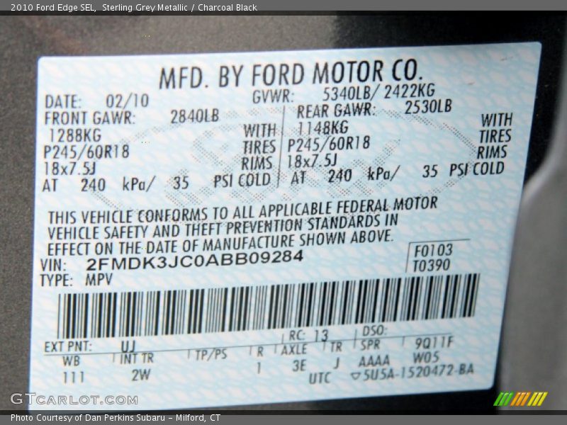 Sterling Grey Metallic / Charcoal Black 2010 Ford Edge SEL