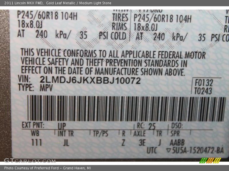 Gold Leaf Metallic / Medium Light Stone 2011 Lincoln MKX FWD