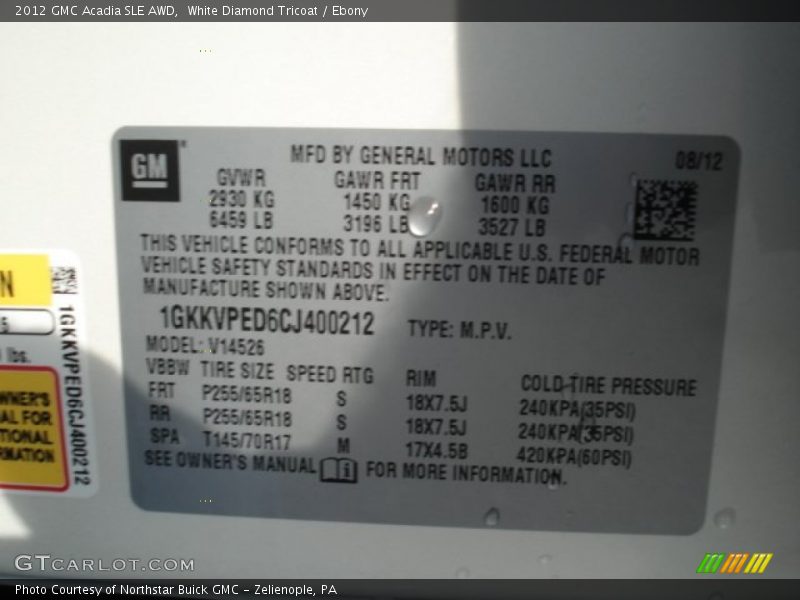 White Diamond Tricoat / Ebony 2012 GMC Acadia SLE AWD