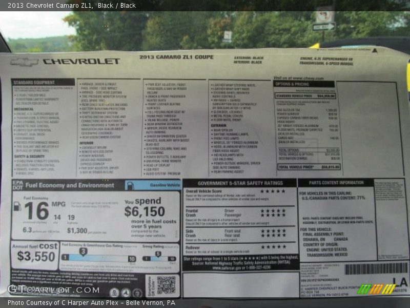  2013 Camaro ZL1 Window Sticker