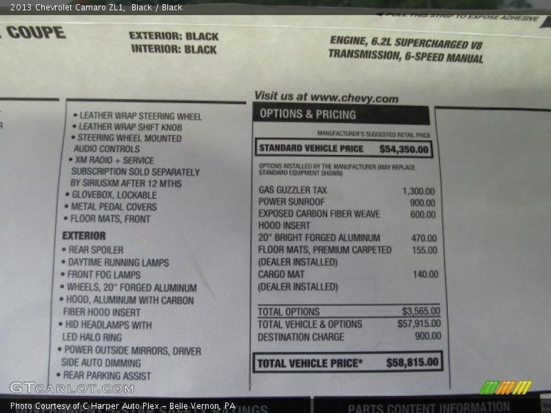  2013 Camaro ZL1 Window Sticker