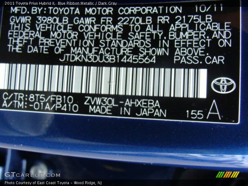 Blue Ribbon Metallic / Dark Gray 2011 Toyota Prius Hybrid II