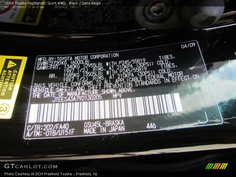 Black / Sand Beige 2009 Toyota Highlander Sport 4WD