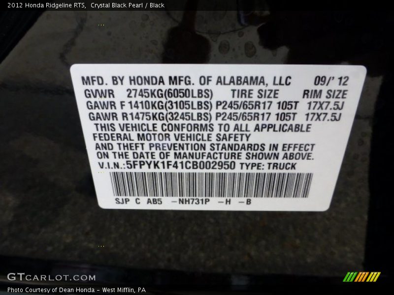 Crystal Black Pearl / Black 2012 Honda Ridgeline RTS