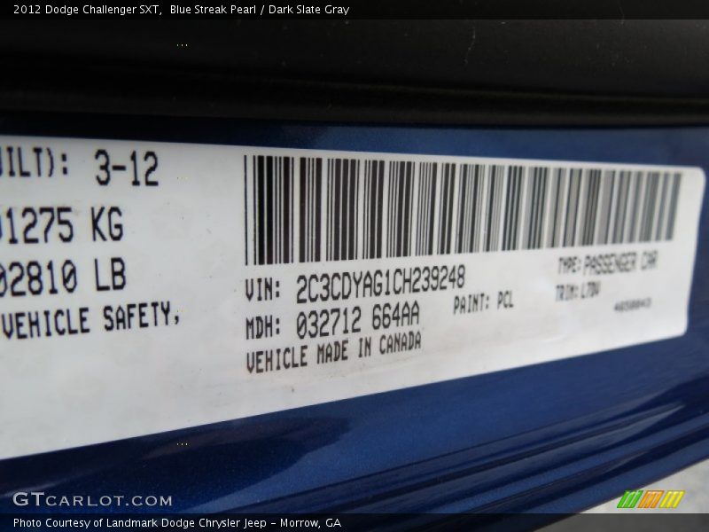 Blue Streak Pearl / Dark Slate Gray 2012 Dodge Challenger SXT