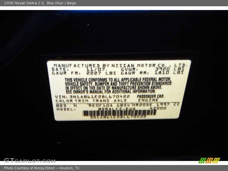 Blue Onyx / Beige 2008 Nissan Sentra 2.0
