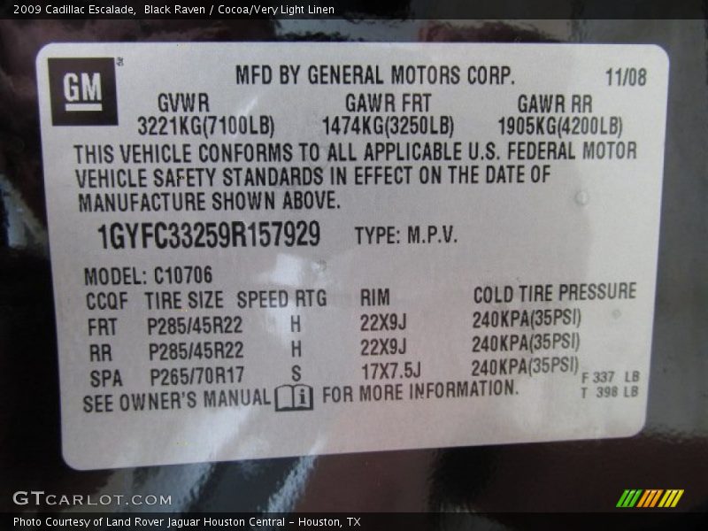 Black Raven / Cocoa/Very Light Linen 2009 Cadillac Escalade