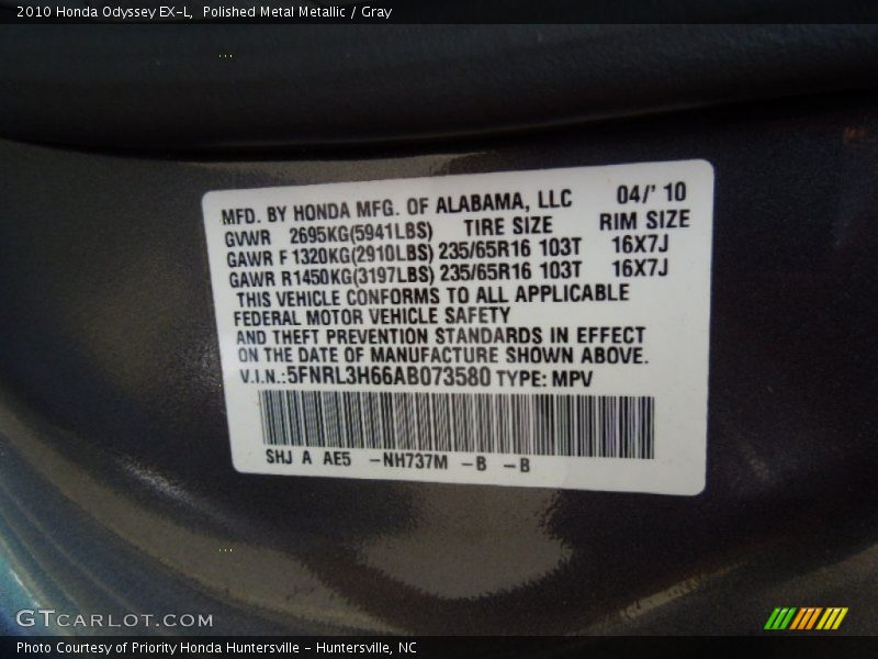 Polished Metal Metallic / Gray 2010 Honda Odyssey EX-L