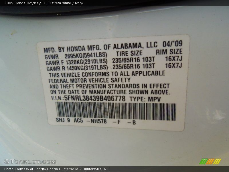 Taffeta White / Ivory 2009 Honda Odyssey EX